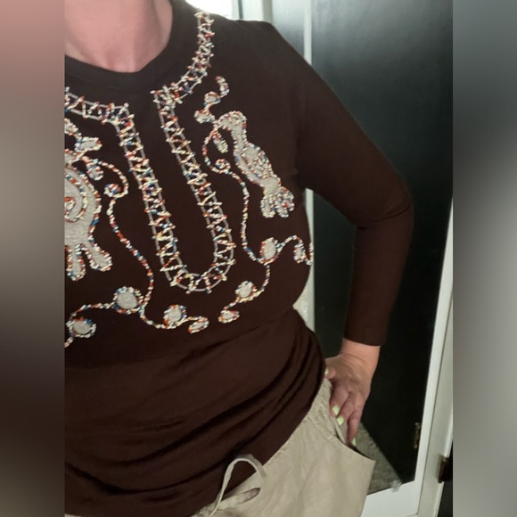 Vintage 60s 70s Beaded Boho Queens Way to Fasion Long Sleeve Fitted Tee - Picture 12 of 13